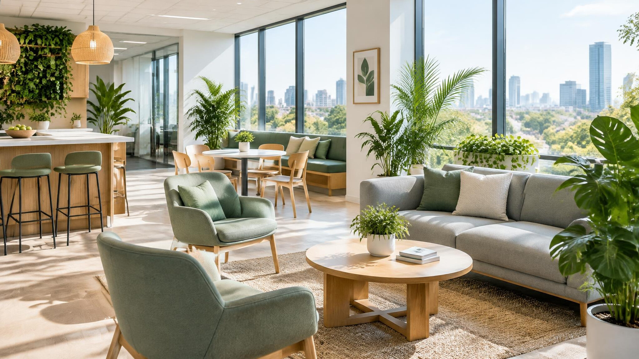 Espace de pause verdoyant dans un bureau avec des plantes